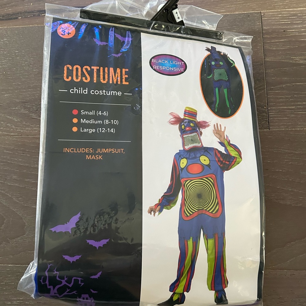 Meijer Black light responsive creepy clown costume. NWT various sizes